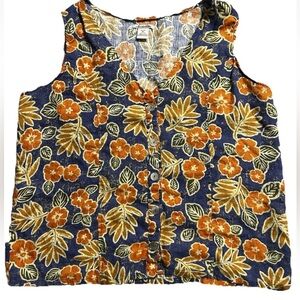 100% Linen Floral Button-Front Tank Top - Navy & Orange